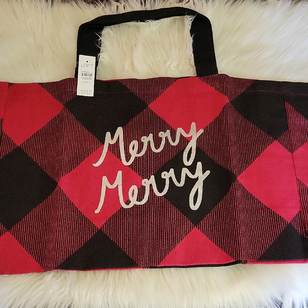 LOFT Festive Red and Black Checkered Tote